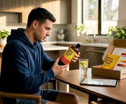 Man reading hair detox shampoo label in kitchen