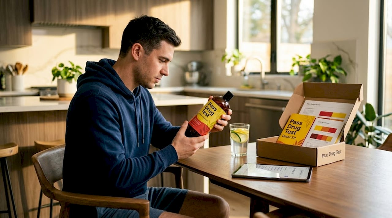 Man reading hair detox shampoo label in kitchen