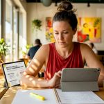 Woman reading hair detox article at kitchen table