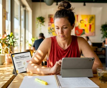 Woman reading hair detox article at kitchen table