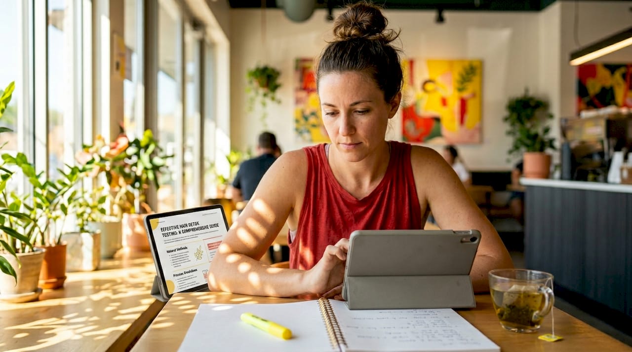 Woman reading hair detox article at kitchen table