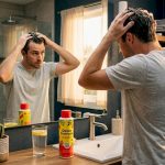 Man using detox shampoo at bathroom mirror