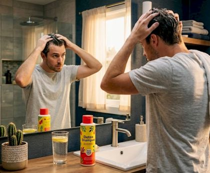 Man using detox shampoo at bathroom mirror