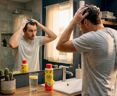 Man using detox shampoo at bathroom mirror