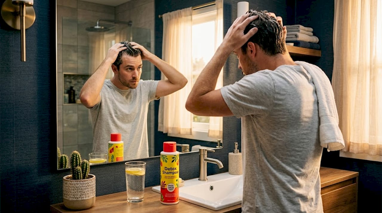 Man using detox shampoo at bathroom mirror