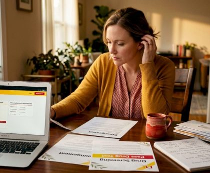 Woman reviews expungement paperwork at dining table