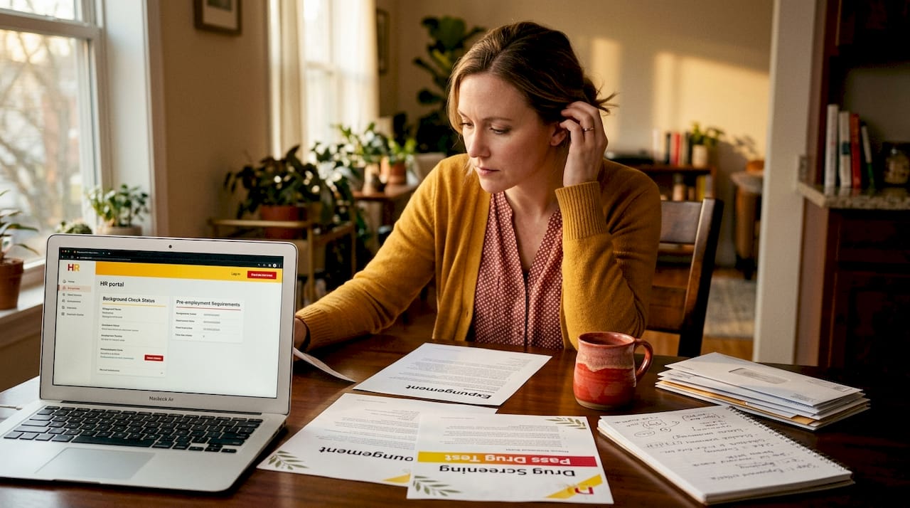 Woman reviews expungement paperwork at dining table