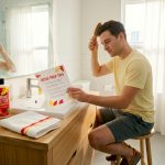 Man reading detox prep tips while brushing hair