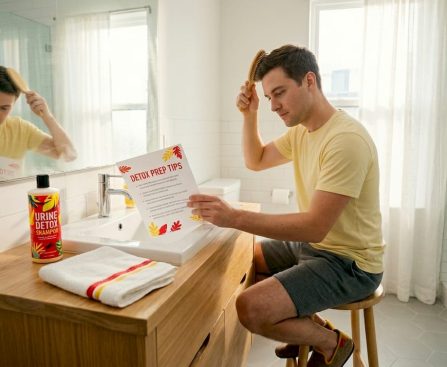 Man reading detox prep tips while brushing hair