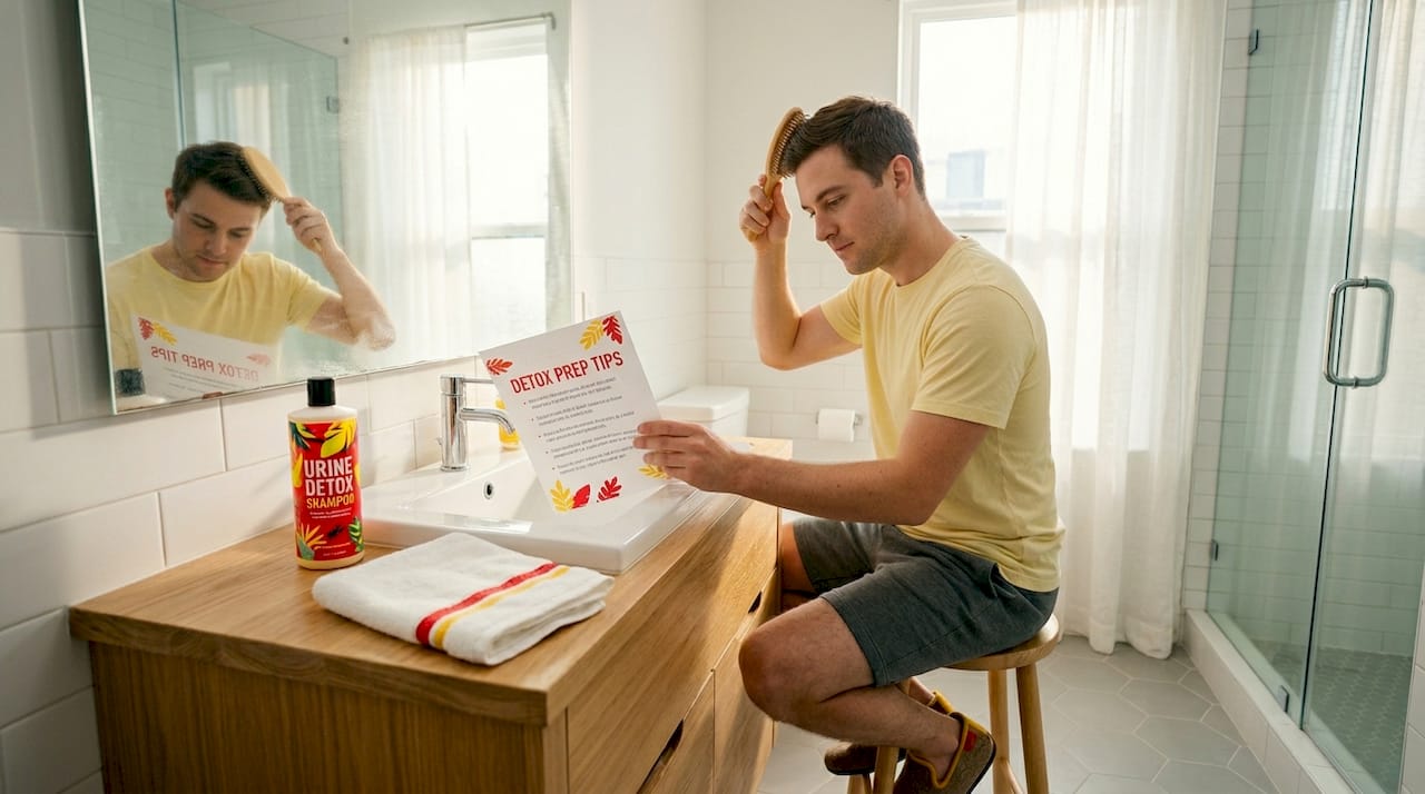 Man reading detox prep tips while brushing hair