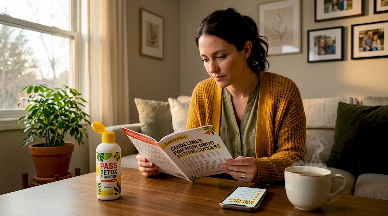 Woman preparing for hair drug test at kitchen table