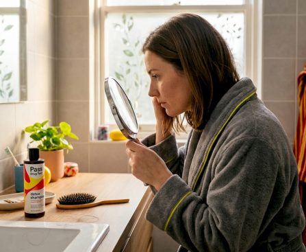 Person inspecting hair in bathroom mirror