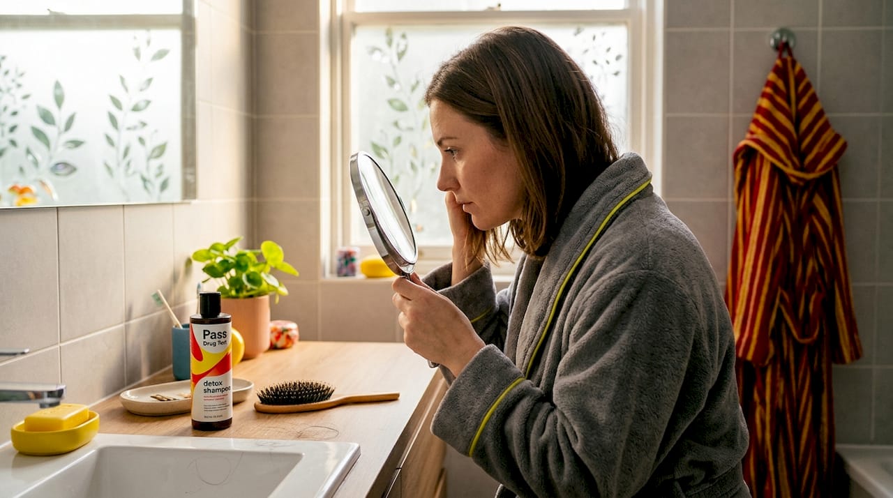 Person inspecting hair in bathroom mirror