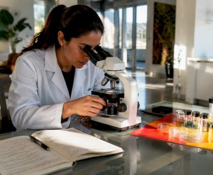 Researcher examining hair follicle sample in lab