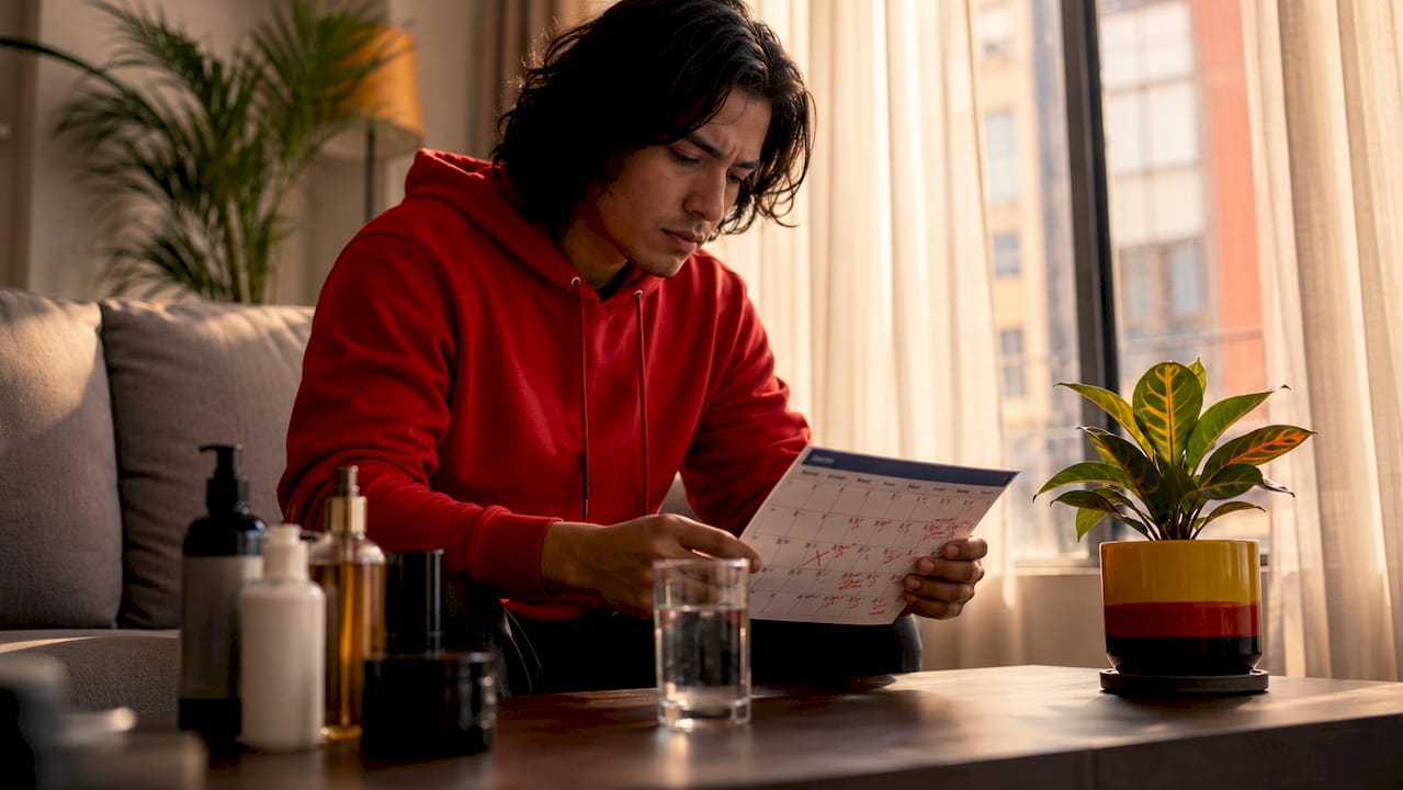 Person reviewing test preparation calendar at kitchen table