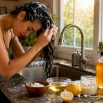Woman applying detox shampoo in bright bathroom