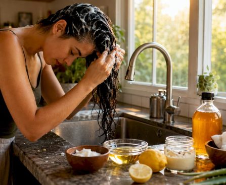 Woman applying detox shampoo in bright bathroom