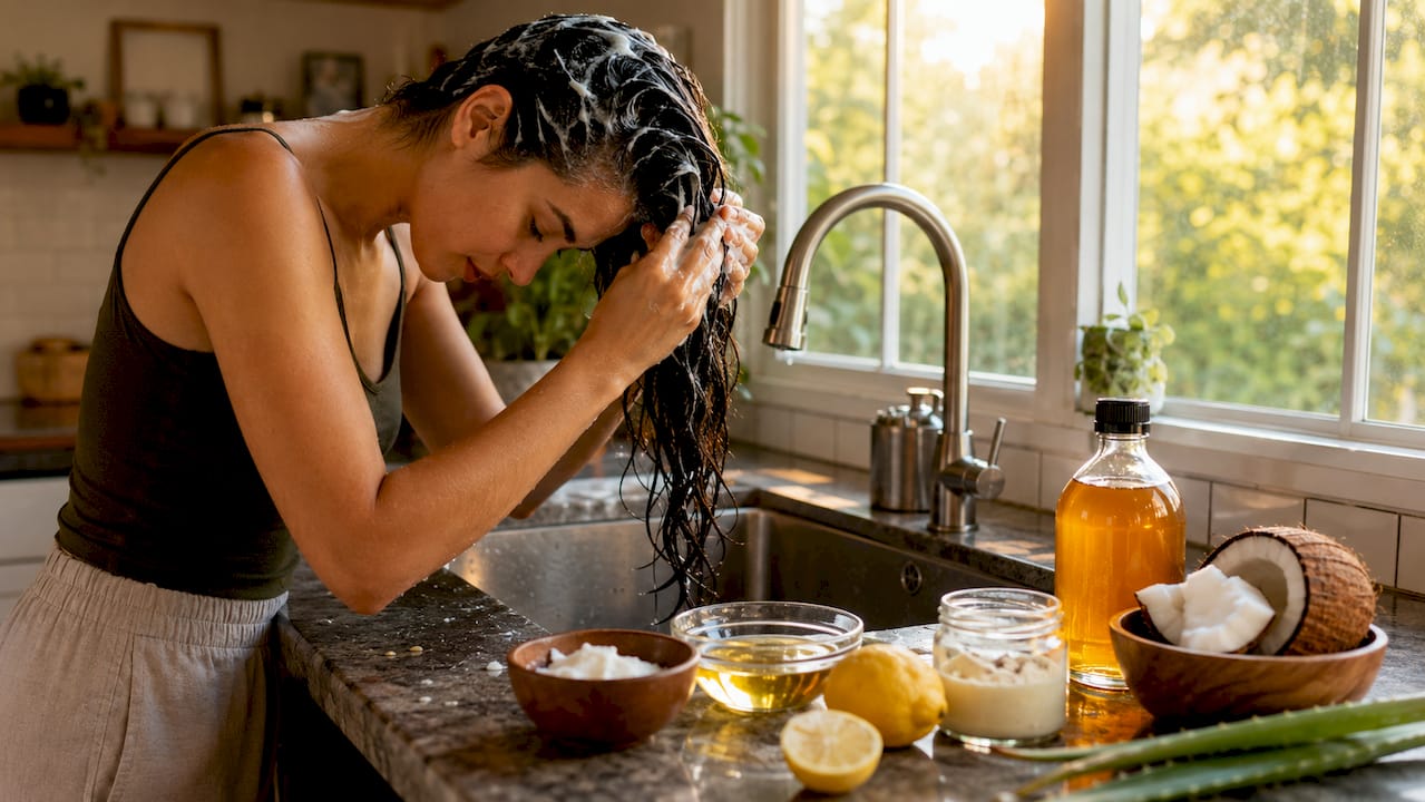 Woman applying detox shampoo in bright bathroom