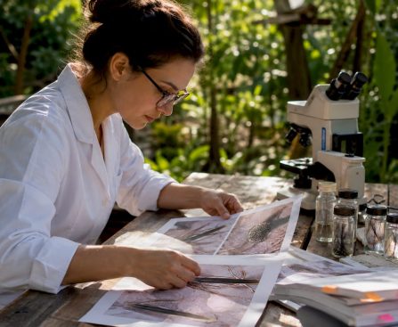Researcher examining hair follicle microscopic images