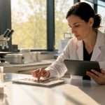 Medical professional examining hair follicle samples