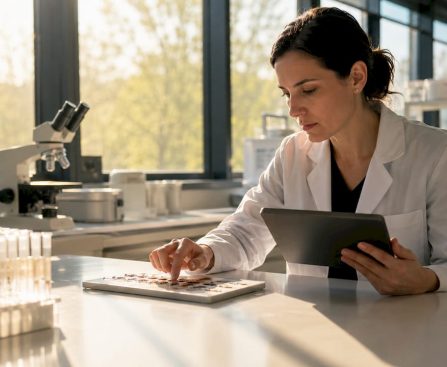 Medical professional examining hair follicle samples