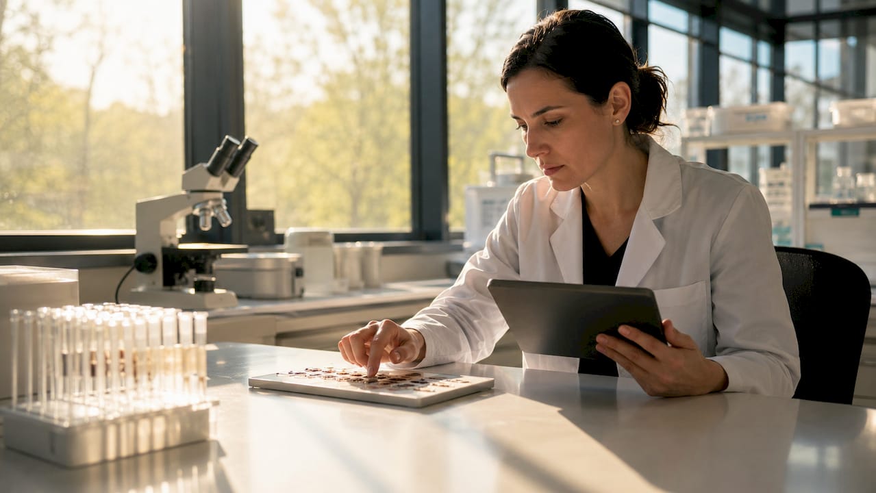 Medical professional examining hair follicle samples