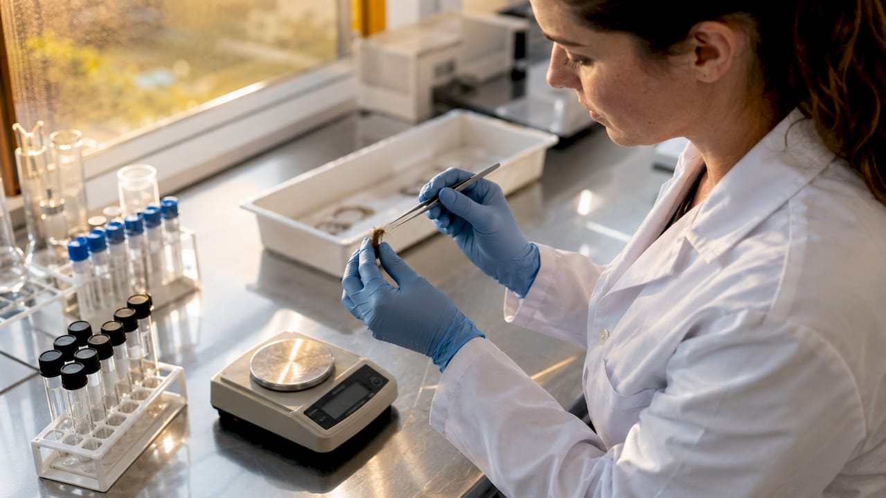 Lab technician preparing hair drug test sample