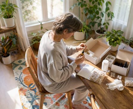 Person organizing detox kit components on table