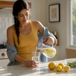 Woman pouring water in kitchen for detox hydration
