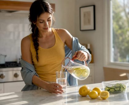 Woman pouring water in kitchen for detox hydration