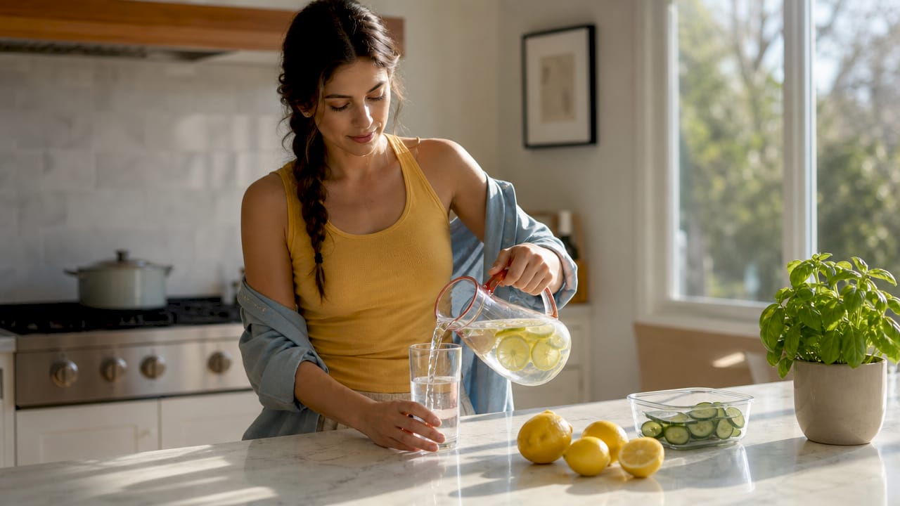 Woman pouring water in kitchen for detox hydration
