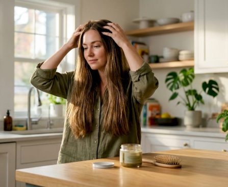 Woman massaging scalp applying sebum treatment