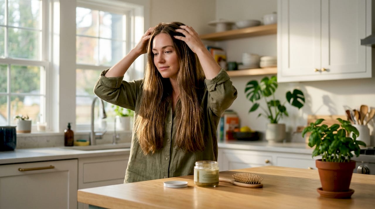 Woman massaging scalp applying sebum treatment