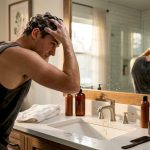 Man washing hair with detox shampoo at home