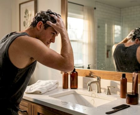 Man washing hair with detox shampoo at home