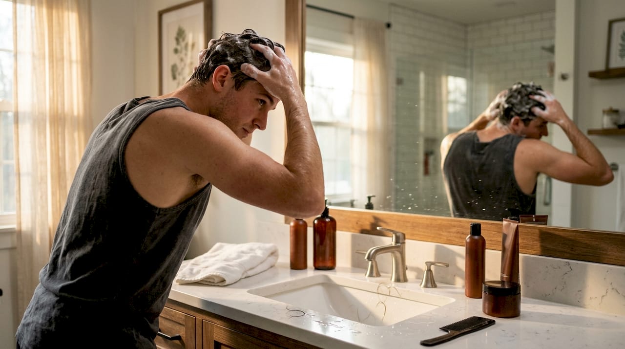 Man washing hair with detox shampoo at home