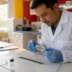 Forensic scientist segmenting hair sample in lab