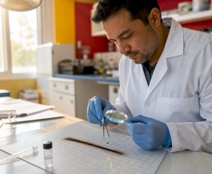 Forensic scientist segmenting hair sample in lab