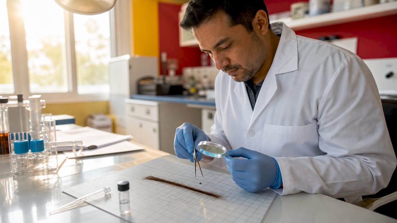 Forensic scientist segmenting hair sample in lab