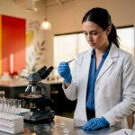 Lab technician examining hair sample for drug test