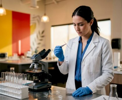Lab technician examining hair sample for drug test