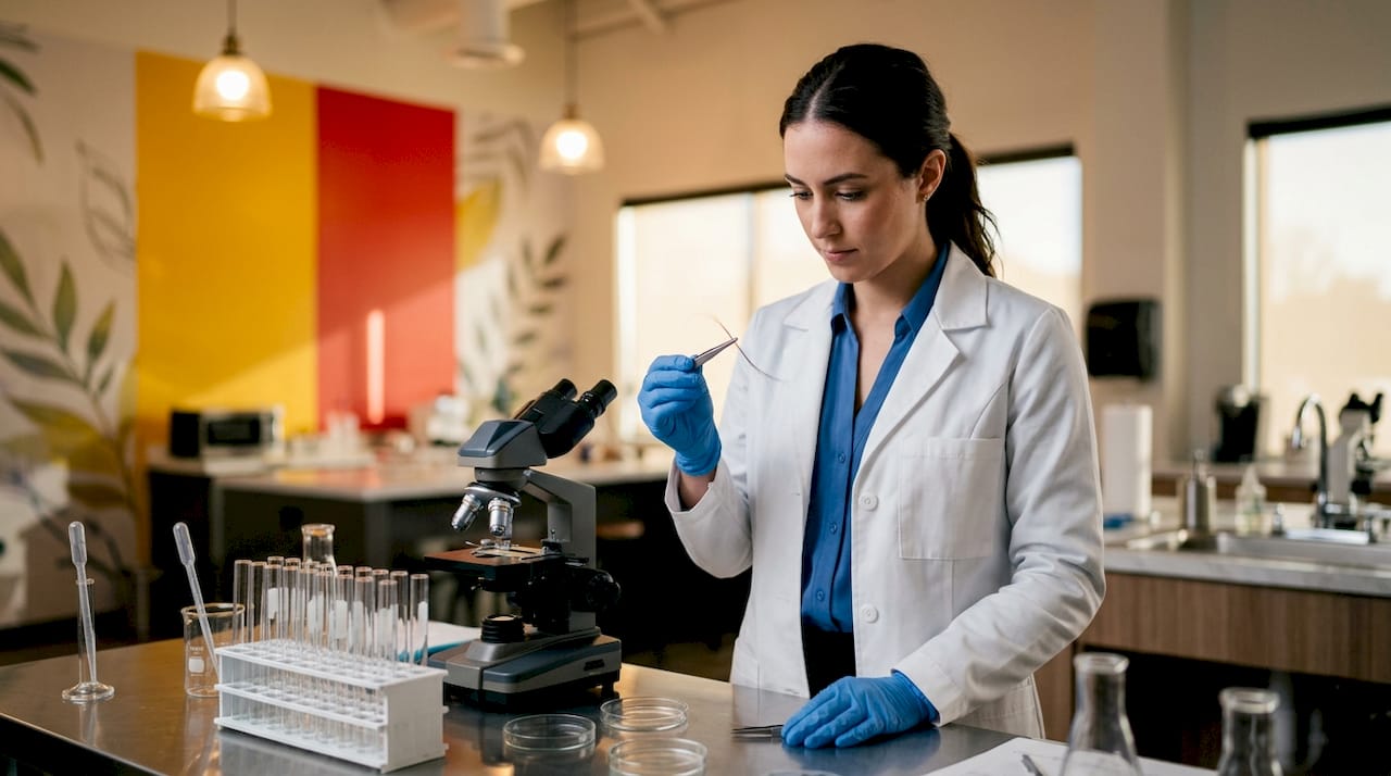 Lab technician examining hair sample for drug test