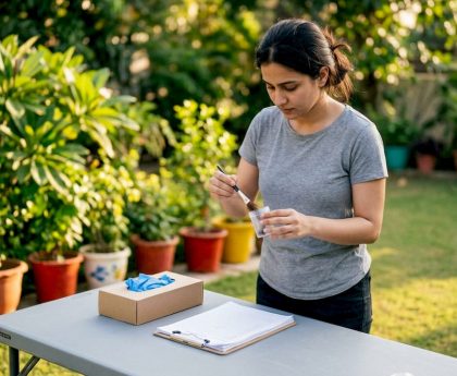 Woman collecting hair sample for drug test
