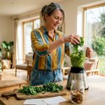 Woman preparing detox smoothie in kitchen