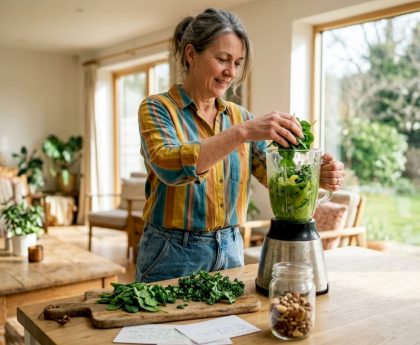 Woman preparing detox smoothie in kitchen