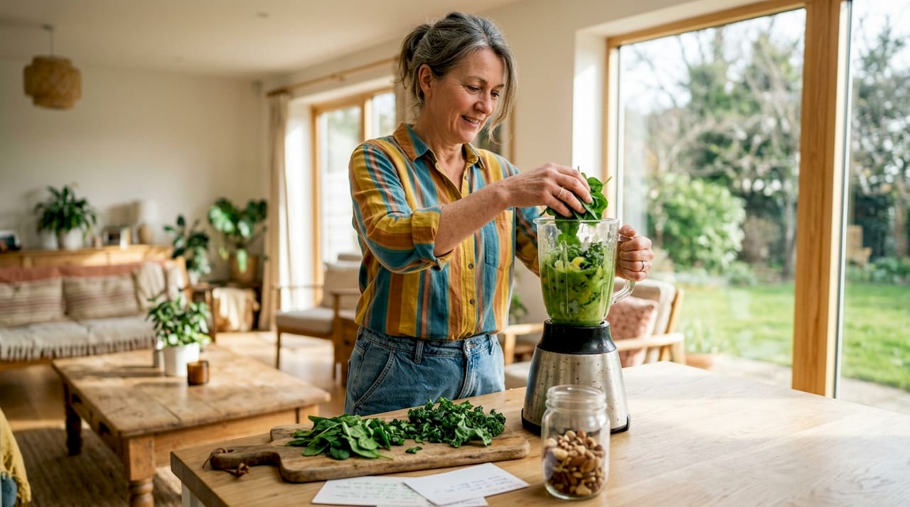 Woman preparing detox smoothie in kitchen