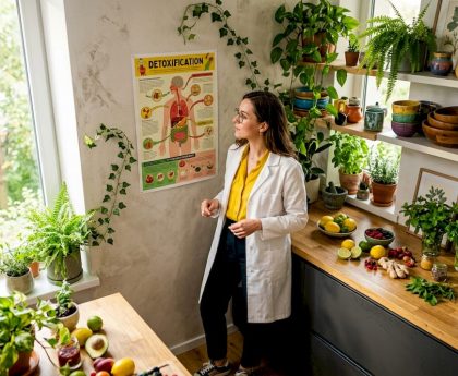 Scientist studying human detox organs diagram