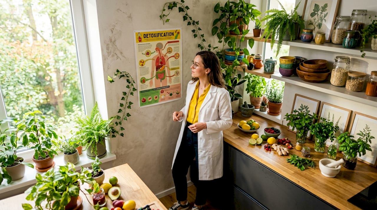 Scientist studying human detox organs diagram