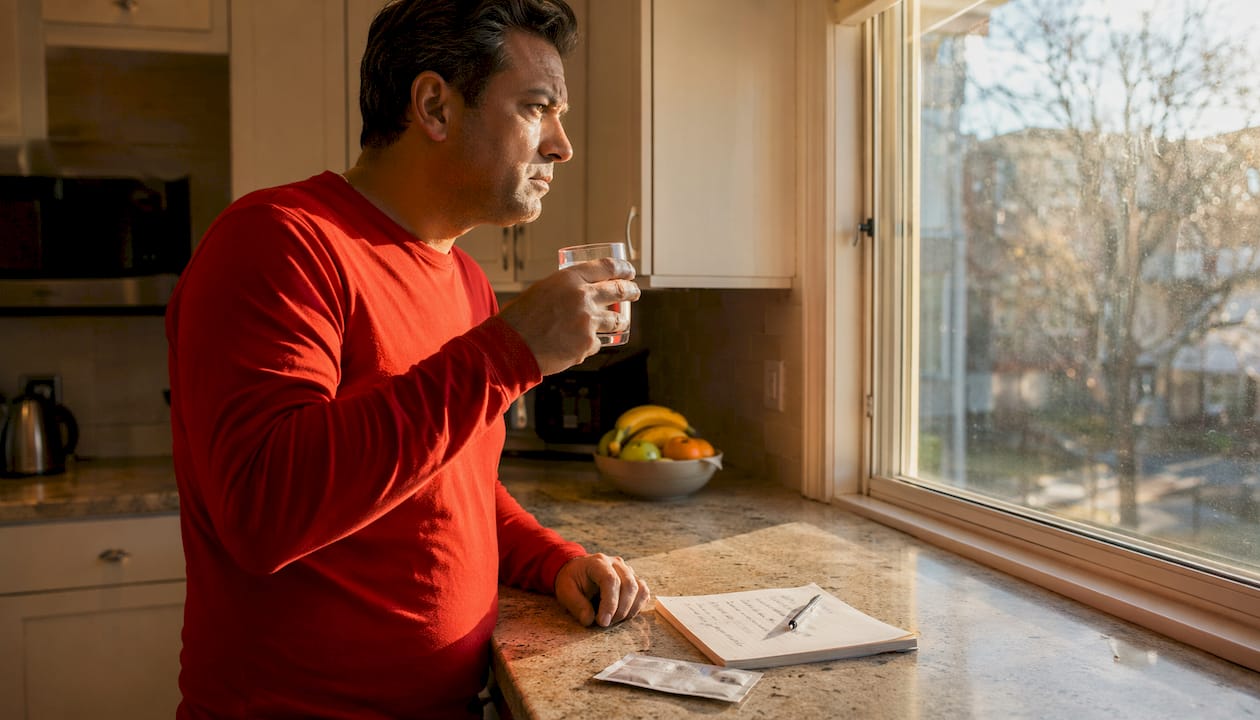 Man contemplating drug test warning signs at home