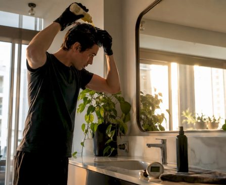 Person applying detox shampoo in bathroom